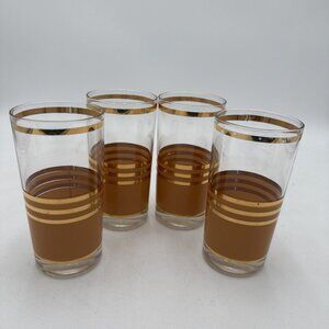 Vintage MCM Gold Tan Clear Glasses Set 4 Tumblers 5.5" Tall Art Deco Mid Century